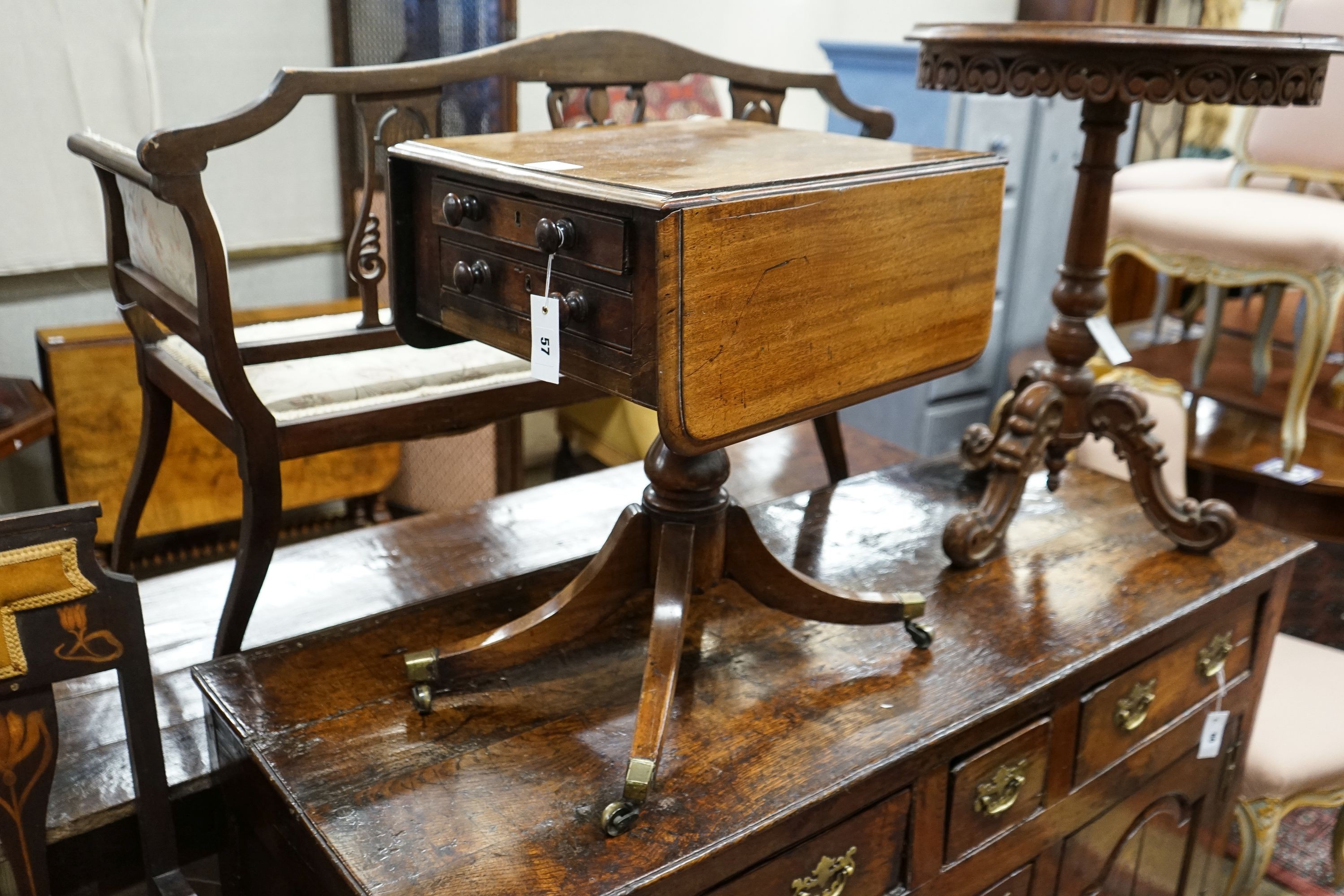 A Regency mahogany drop flap work table, (altered), width 39cm, depth 45cm, height 56cm